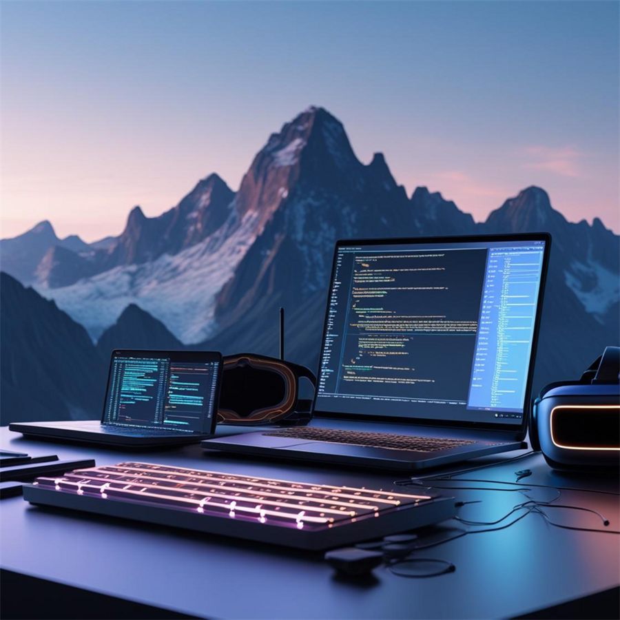 Laptop displaying code with mountain peaks in the background